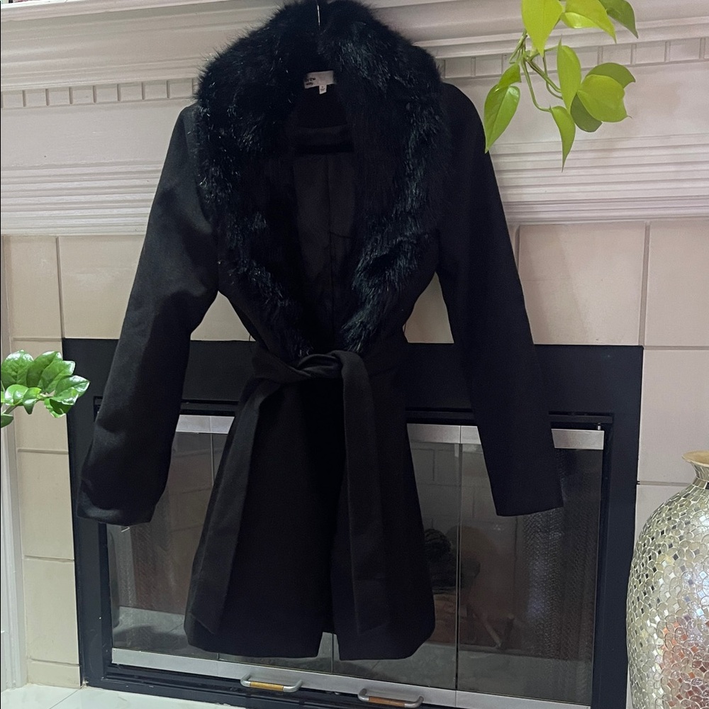 by the way. Black Trench Coat with Faux Fur Collar